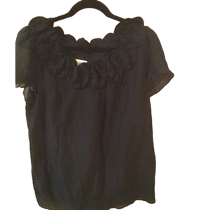 Ann Taylor boho silk blend ruffled neck line short sleeve black top size small